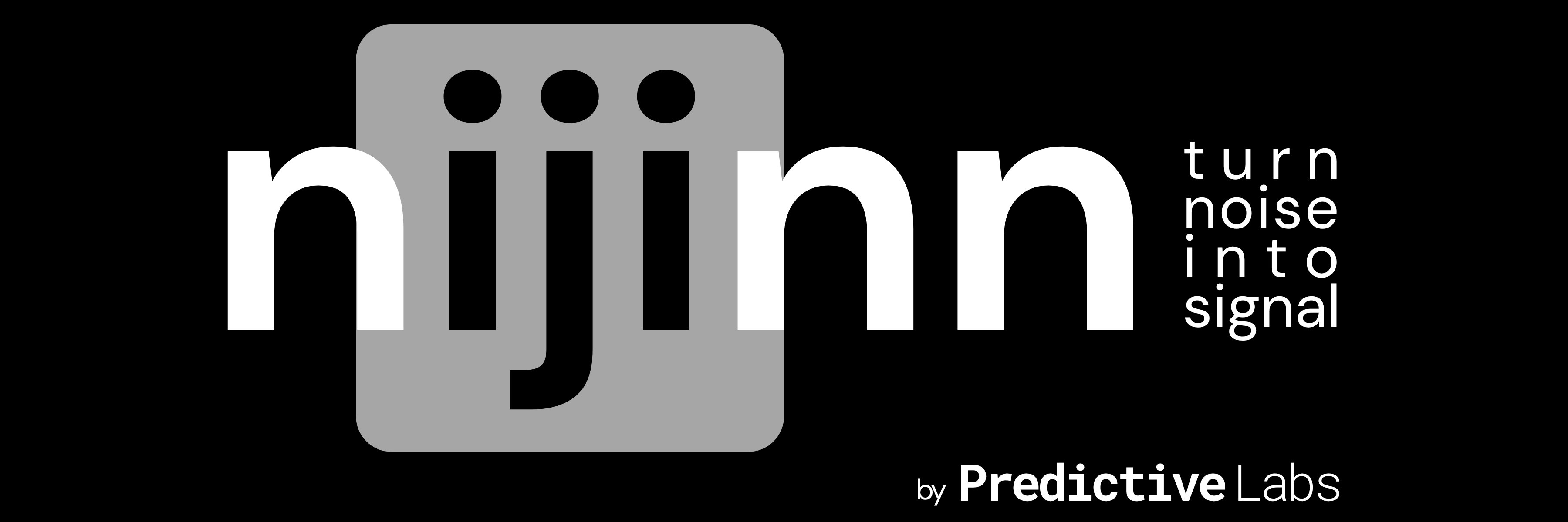 Plate 8: nijinn wordmark with by Predictive Labs endorsement, dark context, monochrome