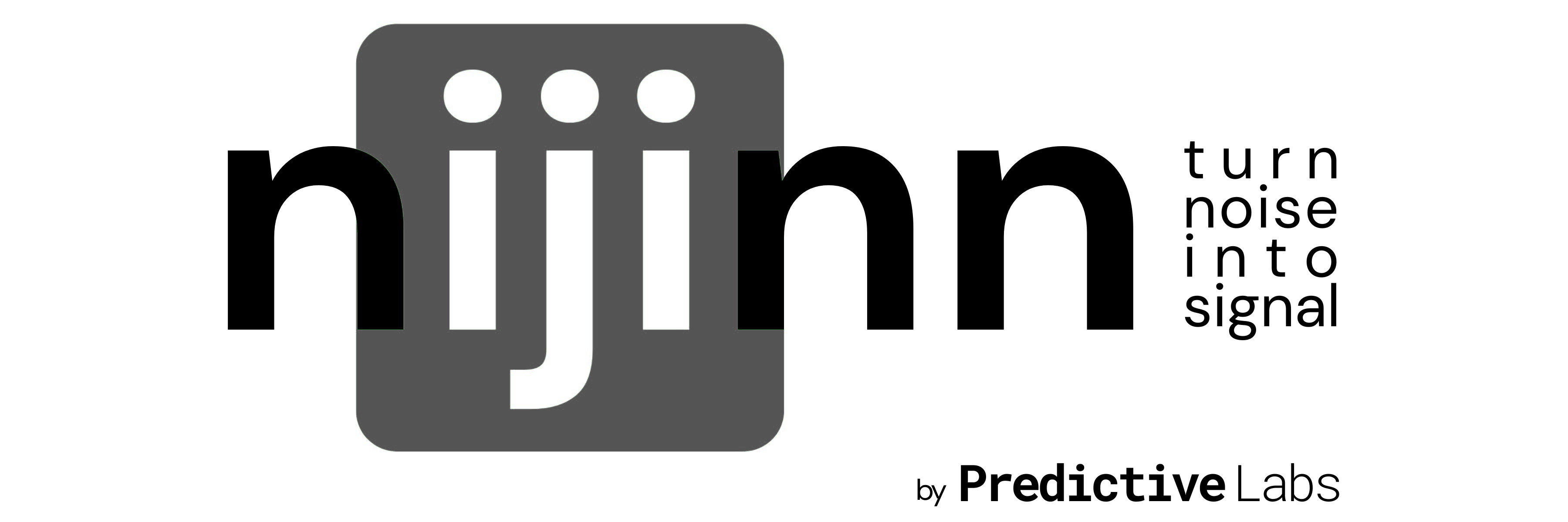 Plate 4: nijinn wordmark with by Predictive Labs endorsement, light context, monochrome